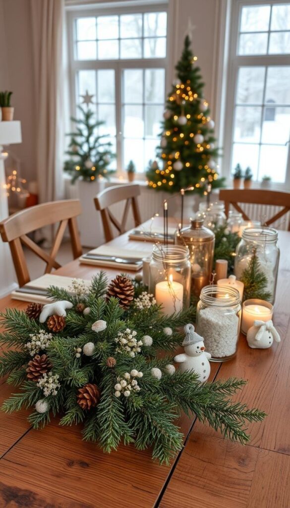 A cozy winter tablescape with DIY snowy centerpieces. In the foreground, a rustic wooden table is adorned with a lush garland of evergreen sprigs, pinecones, and delicate white floral accents, creating a serene and natural focal point. The middle ground features an arrangement of glass vases and jars filled with artificial snow, twinkling fairy lights, and an assortment of winter-themed decorations like miniature snowmen and frosted ornaments. The background is a soft, warm-toned interior with large windows overlooking a snowy landscape, casting a gentle, diffused light that accentuates the winter wonderland ambiance. The overall mood is one of hygge, inviting viewers to imagine a peaceful, cozy gathering around this beautifully styled table.