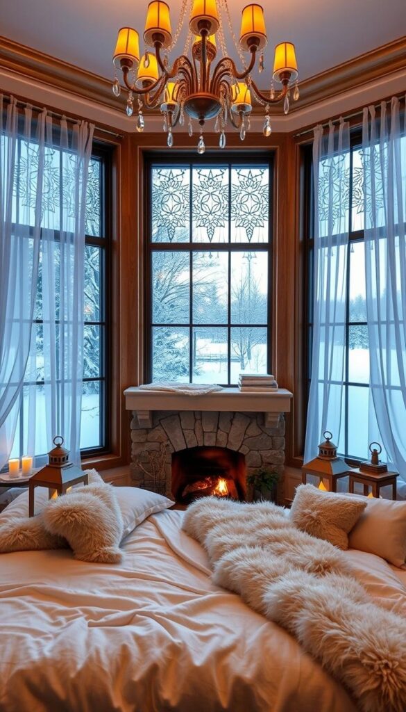 A cozy winter-themed bedroom with a large picture window overlooking a snow-covered landscape. Soft white bedding and faux fur accents create a plush, inviting atmosphere. A stone fireplace in the corner casts a warm glow, its flames reflected in the glass of antique lanterns on the nightstands. Sheer, icy-blue curtains billow gently, framing the tranquil outdoor scene. Intricate ice crystal patterns adorn the windowpanes, adding a touch of whimsical frost. The room is lit by a combination of a central chandelier and soft, ambient lighting, producing a serene, atmospheric mood perfect for lazy mornings and frosty nights. A cozy winter-themed bedroom with a large picture window overlooking a snow-covered landscape. Soft white bedding and faux fur accents create a plush, inviting atmosphere. A stone fireplace in the corner casts a warm glow, its flames reflected in the glass of antique lanterns on the nightstands. Sheer, icy-blue curtains billow gently, framing the tranquil outdoor scene. Intricate ice crystal patterns adorn the windowpanes, adding a touch of whimsical frost. The room is lit by a combination of a central chandelier and soft, ambient lighting, producing a serene, atmospheric mood perfect for lazy mornings and frosty nights.