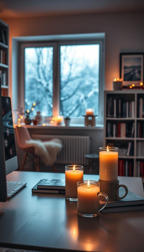 A cozy winter-themed office space, bathed in warm ambient lighting and adorned with scented candles. The foreground features a minimalist, Scandinavian-inspired desk setup with a sleek computer, a stack of books, and a ceramic mug. On the desk, a trio of candles in frosted glass holders emit a comforting glow, their flickering flames complemented by the soft, inviting scent of cinnamon and clove. In the middle ground, bookshelves line the walls, interspersed with framed winter landscape photographs. The background reveals a large window, allowing the gentle snowfall outside to be visible, creating a serene, contemplative atmosphere. The overall scene conveys a sense of hygge - a cozy, comfortable, and calming winter ambiance. A cozy winter-themed office space, bathed in warm ambient lighting and adorned with scented candles. The foreground features a minimalist, Scandinavian-inspired desk setup with a sleek computer, a stack of books, and a ceramic mug. On the desk, a trio of candles in frosted glass holders emit a comforting glow, their flickering flames complemented by the soft, inviting scent of cinnamon and clove. In the middle ground, bookshelves line the walls, interspersed with framed winter landscape photographs. The background reveals a large window, allowing the gentle snowfall outside to be visible, creating a serene, contemplative atmosphere. The overall scene conveys a sense of hygge - a cozy, comfortable, and calming winter ambiance.