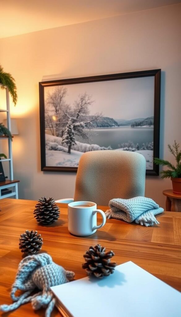 A cozy, winter-themed office space with a warm and inviting atmosphere. In the foreground, a wooden desk adorned with seasonal accents like pinecones, a knitted blanket, and a mug of hot cocoa. On the wall behind the desk, a large framed painting depicting a serene winter landscape with snowy trees and a calm, frozen lake. The lighting is soft and diffused, creating a comfortable, ambient glow. The room is accented with touches of greenery, such as a small potted plant or a sprig of evergreen. The overall vibe is one of productivity and inspiration, perfect for the winter season. A cozy, winter-themed office space with a warm and inviting atmosphere. In the foreground, a wooden desk adorned with seasonal accents like pinecones, a knitted blanket, and a mug of hot cocoa. On the wall behind the desk, a large framed painting depicting a serene winter landscape with snowy trees and a calm, frozen lake. The lighting is soft and diffused, creating a comfortable, ambient glow. The room is accented with touches of greenery, such as a small potted plant or a sprig of evergreen. The overall vibe is one of productivity and inspiration, perfect for the winter season.