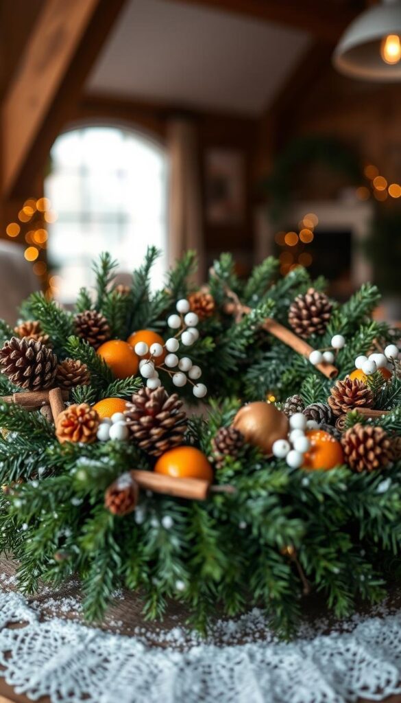 A creative winter wreath with lush, textured foliage and whimsical natural accents. In the foreground, a vibrant assortment of evergreen boughs, pine cones, dried oranges, and cinnamon sticks artfully arranged in a circular shape. The middle ground features delicate clusters of white berries, twinkling fairy lights, and a dusting of fresh snow. In the background, a cozy, rustic setting with wooden beams and a warm, ambient glow, setting the scene for a intimate DIY wreath-making party. Lit from the side to accentuate the tactile, handcrafted look and feel, with a shallow depth of field to draw the eye to the intricate details. A creative winter wreath with lush, textured foliage and whimsical natural accents. In the foreground, a vibrant assortment of evergreen boughs, pine cones, dried oranges, and cinnamon sticks artfully arranged in a circular shape. The middle ground features delicate clusters of white berries, twinkling fairy lights, and a dusting of fresh snow. In the background, a cozy, rustic setting with wooden beams and a warm, ambient glow, setting the scene for a intimate DIY wreath-making party. Lit from the side to accentuate the tactile, handcrafted look and feel, with a shallow depth of field to draw the eye to the intricate details.