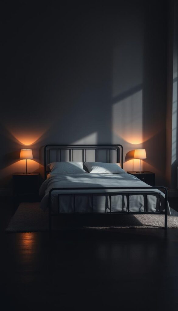 A dimly lit bedroom with a sleek black metal bed frame as the focal point. The frame casts dramatic shadows on the wall, creating a moody, atmospheric ambiance. A warm, soft light emanates from a pair of minimalist bedside lamps, their glow reflecting off the dark wood flooring. The room is sparsely decorated, allowing the bed frame to take center stage. Subtle textures, such as a plush rug and crisp white bedding, add depth and visual interest. The overall scene evokes a sense of modern, sophisticated elegance, perfect for elevating the bedroom's lighting and design.