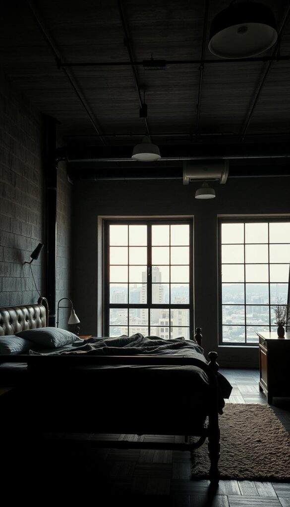 A dimly-lit industrial-style bedroom, showcasing a rugged, textured aesthetic. In the foreground, a weathered metal bedframe and worn leather headboard cast dramatic shadows. Textured concrete walls in the middle ground create a sense of depth, accented by exposed pipes and industrial-inspired lighting fixtures. In the background, a large window overlooking a cityscape, the glass panes reflecting the warm glow of the evening light. The overall mood is one of understated sophistication, with a focus on the interplay of contrasting materials and textures.