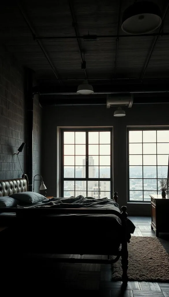 A dimly-lit industrial-style bedroom, showcasing a rugged, textured aesthetic. In the foreground, a weathered metal bedframe and worn leather headboard cast dramatic shadows. Textured concrete walls in the middle ground create a sense of depth, accented by exposed pipes and industrial-inspired lighting fixtures. In the background, a large window overlooking a cityscape, the glass panes reflecting the warm glow of the evening light. The overall mood is one of understated sophistication, with a focus on the interplay of contrasting materials and textures. A dimly-lit industrial-style bedroom, showcasing a rugged, textured aesthetic. In the foreground, a weathered metal bedframe and worn leather headboard cast dramatic shadows. Textured concrete walls in the middle ground create a sense of depth, accented by exposed pipes and industrial-inspired lighting fixtures. In the background, a large window overlooking a cityscape, the glass panes reflecting the warm glow of the evening light. The overall mood is one of understated sophistication, with a focus on the interplay of contrasting materials and textures.