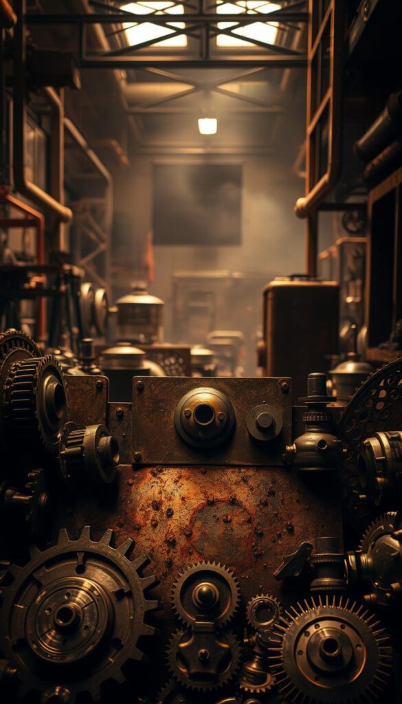 A dimly lit industrial workspace, bathed in warm, muted lighting. The foreground showcases a variety of metallic objects - gears, pipes, and intricately textured panels - arranged in a visually compelling, tactile display. The middle ground features a mix of weathered, rusted surfaces and gleaming, polished metallic accents, creating a striking contrast. In the background, a hazy, shadowy presence suggests the larger industrial environment, with hints of machinery and structural elements. The overall atmosphere evokes a sense of functional elegance, where form and function seamlessly merge, inspiring a desire to reach out and explore the tactile qualities of the metallic decor. A dimly lit industrial workspace, bathed in warm, muted lighting. The foreground showcases a variety of metallic objects - gears, pipes, and intricately textured panels - arranged in a visually compelling, tactile display. The middle ground features a mix of weathered, rusted surfaces and gleaming, polished metallic accents, creating a striking contrast. In the background, a hazy, shadowy presence suggests the larger industrial environment, with hints of machinery and structural elements. The overall atmosphere evokes a sense of functional elegance, where form and function seamlessly merge, inspiring a desire to reach out and explore the tactile qualities of the metallic decor.