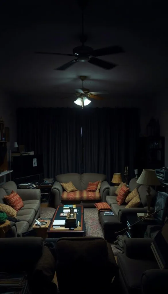 A dimly lit living room with cluttered furniture, harsh overhead lighting, and dark, heavy curtains that block natural light. The room feels oppressive and uninviting, with a lack of cohesive design and poor attention to lighting. Outdated, mismatched decor pieces crowd the space, creating a sense of visual chaos. The overall atmosphere is gloomy and uninspiring, lacking the warmth and comfort one would expect in a well-designed living area.