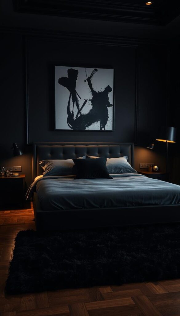 A dimly lit, luxurious bedroom with a sleek, black wooden bed frame as the focal point. The bed is adorned with plush, charcoal grey bedding and a single, large black pillow. Strategically placed mood lighting, such as sconces and a floor lamp, casts a warm, cozy glow across the room, creating a cocooning atmosphere. The walls are painted in a deep, moody shade of black, lending an air of sophistication and mystery. A large, abstract black and white artwork hangs above the bed, complementing the monochromatic color scheme. The polished hardwood floors are covered with a plush, shaggy black rug, adding texture and depth to the space. Overall, the scene exudes an air of opulence, tranquility, and a touch of dramatic flair. A dimly lit, luxurious bedroom with a sleek, black wooden bed frame as the focal point. The bed is adorned with plush, charcoal grey bedding and a single, large black pillow. Strategically placed mood lighting, such as sconces and a floor lamp, casts a warm, cozy glow across the room, creating a cocooning atmosphere. The walls are painted in a deep, moody shade of black, lending an air of sophistication and mystery. A large, abstract black and white artwork hangs above the bed, complementing the monochromatic color scheme. The polished hardwood floors are covered with a plush, shaggy black rug, adding texture and depth to the space. Overall, the scene exudes an air of opulence, tranquility, and a touch of dramatic flair.
