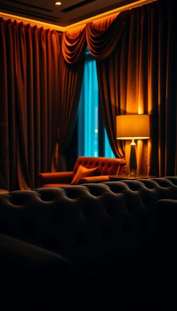 A dimly lit, opulent living room with lush, velvety textures draped across the furniture. The velvet surfaces glisten softly under warm, ambient lighting, casting a cozy, sophisticated atmosphere. In the foreground, a deep-tufted velvet sofa commands attention, its plush cushions inviting one to sink in and relax. The middle ground features a matching armchair, its luxurious upholstery complemented by the sheen of a polished wood side table. In the background, heavy velvet curtains frame a window, their folds creating a sense of depth and grandeur. Subtle shadows and highlights accentuate the depth and richness of the textures, evoking a sense of refined elegance.