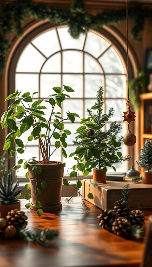 A festive indoor winter office scene with lush green plants and nature-inspired holiday decor. Warm, cozy lighting illuminates a wooden desk with a potted ficus, trailing vines, and a miniature Christmas tree. Rustic pine cones, sprigs of evergreen, and a handcrafted ornament add pops of seasonal charm. The background features a large arched window overlooking a snowy landscape, casting a soft, natural glow. Rendered in a detailed, photorealistic style with a shallow depth of field, creating an inviting and inspirational work environment. A festive indoor winter office scene with lush green plants and nature-inspired holiday decor. Warm, cozy lighting illuminates a wooden desk with a potted ficus, trailing vines, and a miniature Christmas tree. Rustic pine cones, sprigs of evergreen, and a handcrafted ornament add pops of seasonal charm. The background features a large arched window overlooking a snowy landscape, casting a soft, natural glow. Rendered in a detailed, photorealistic style with a shallow depth of field, creating an inviting and inspirational work environment.