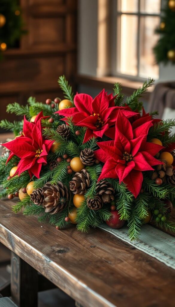 A festive winter centerpiece composed of lush greenery, vibrant red poinsettias, and a mix of seasonal fruits and pinecones. The arrangement is presented on a rustic wooden table, bathed in soft, warm lighting that casts a cozy glow across the scene. The composition is carefully balanced, with the florals and botanicals creating a visually striking focal point. The overall atmosphere conveys a sense of holiday cheer and natural beauty, perfectly suited to brighten any winter home. A festive winter centerpiece composed of lush greenery, vibrant red poinsettias, and a mix of seasonal fruits and pinecones. The arrangement is presented on a rustic wooden table, bathed in soft, warm lighting that casts a cozy glow across the scene. The composition is carefully balanced, with the florals and botanicals creating a visually striking focal point. The overall atmosphere conveys a sense of holiday cheer and natural beauty, perfectly suited to brighten any winter home.