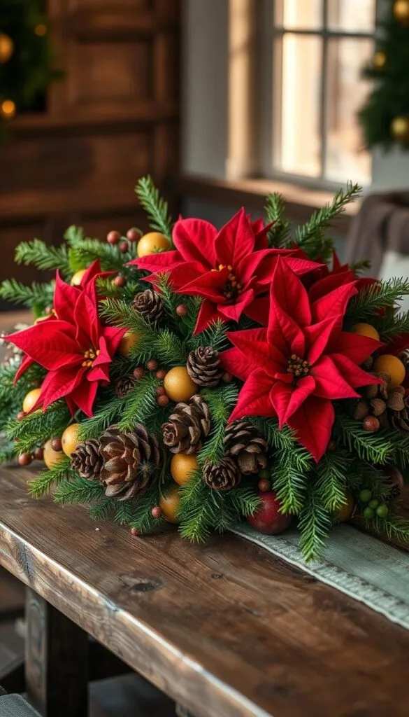 A festive winter centerpiece composed of lush greenery, vibrant red poinsettias, and a mix of seasonal fruits and pinecones. The arrangement is presented on a rustic wooden table, bathed in soft, warm lighting that casts a cozy glow across the scene. The composition is carefully balanced, with the florals and botanicals creating a visually striking focal point. The overall atmosphere conveys a sense of holiday cheer and natural beauty, perfectly suited to brighten any winter home.
