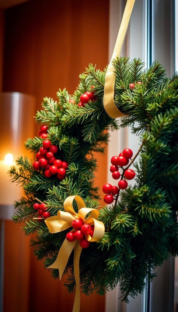 A festive wreath with a lush, natural aesthetic, crafted with evergreen pine branches, vibrant red berries, and a touch of golden ribbon. The wreath is displayed against a warm, cozy background, with soft, diffused lighting illuminating the intricate textures and colors. The composition is balanced, with the wreath taking center stage, surrounded by a subtle, out-of-focus backdrop that evokes a sense of handmade craftsmanship. The overall mood is inviting, effortless, and radiates the charm of a homemade winter decoration. A festive wreath with a lush, natural aesthetic, crafted with evergreen pine branches, vibrant red berries, and a touch of golden ribbon. The wreath is displayed against a warm, cozy background, with soft, diffused lighting illuminating the intricate textures and colors. The composition is balanced, with the wreath taking center stage, surrounded by a subtle, out-of-focus backdrop that evokes a sense of handmade craftsmanship. The overall mood is inviting, effortless, and radiates the charm of a homemade winter decoration.