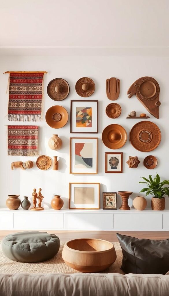 A gallery wall featuring a curated collection of globally inspired artifacts, displayed in a modern, minimalist living room. Foreground showcases a mix of textiles, ceramics, and carved wooden pieces from various cultural traditions, arranged in a balanced, visually striking layout. Middle ground includes a few framed artworks with abstract, geometric patterns in earthy tones. Background features clean, white walls with subtle shadows and a soft, even lighting, creating a serene, gallery-like atmosphere. The overall composition highlights the unique beauty and cultural significance of the displayed items, blending seamlessly with the contemporary decor.