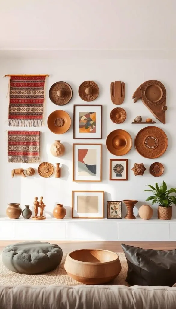 A gallery wall featuring a curated collection of globally inspired artifacts, displayed in a modern, minimalist living room. Foreground showcases a mix of textiles, ceramics, and carved wooden pieces from various cultural traditions, arranged in a balanced, visually striking layout. Middle ground includes a few framed artworks with abstract, geometric patterns in earthy tones. Background features clean, white walls with subtle shadows and a soft, even lighting, creating a serene, gallery-like atmosphere. The overall composition highlights the unique beauty and cultural significance of the displayed items, blending seamlessly with the contemporary decor.