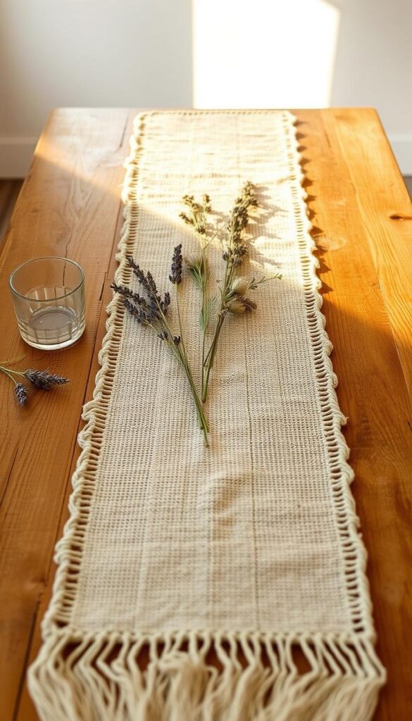 A handcrafted summer table runner lies atop a rustic wooden table, its natural fibers and neutral tones complementing the warm, sunlit setting. Delicate floral accents, such as dried lavender and wildflowers, are artfully arranged along its length, lending a touch of organic elegance. The soft, even lighting creates a serene, inviting atmosphere, as if captured in the golden hour. The runner's textured surface and subtle patterns add depth and visual interest, perfectly suited for a casual, seasonal tablescape. A handcrafted summer table runner lies atop a rustic wooden table, its natural fibers and neutral tones complementing the warm, sunlit setting. Delicate floral accents, such as dried lavender and wildflowers, are artfully arranged along its length, lending a touch of organic elegance. The soft, even lighting creates a serene, inviting atmosphere, as if captured in the golden hour. The runner's textured surface and subtle patterns add depth and visual interest, perfectly suited for a casual, seasonal tablescape.