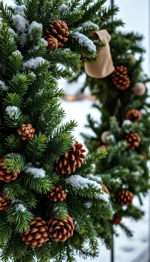 A handmade winter wreath with lush evergreen foliage, pinecones, and a touch of rustic charm. The wreath is beautifully crafted, with a natural, organic appearance that evokes the cozy ambiance of the winter season. The foreground features the intricate details of the wreath, showcasing the skilled handiwork and attention to detail. In the middle ground, soft lighting casts a warm glow, highlighting the rich textures and colors of the materials used. The background is a serene, snowy landscape, adding to the peaceful, wintry atmosphere. The overall composition creates a visually striking and inviting representation of a handmade winter wreath, perfect for setting the scene for a cozy DIY home decor project.