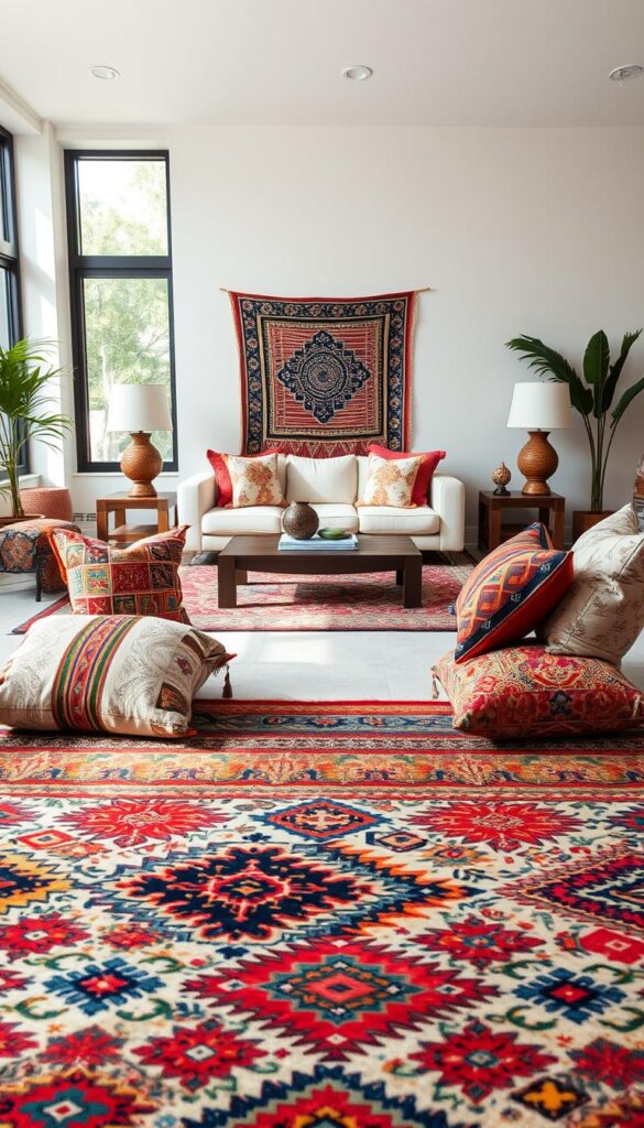 A harmonious fusion of diverse cultural influences, creating a balanced and visually captivating interior space. In the foreground, a vibrant patterned rug and decorative pillows blend colors and motifs from around the world. Midground features a sleek, modern furniture arrangement with ethnic-inspired accents, such as carved wooden side tables and a hanging tapestry. The background showcases a neutral, airy space with large windows allowing natural light to flood the room, accentuating the eclectic mix of textures and materials. Soft, diffused lighting sets a warm, inviting atmosphere, celebrating the unique blend of cultural elements that come together in this thoughtfully designed fusion space.