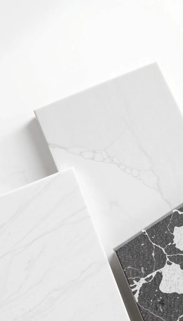 A high-resolution, detailed image of various modern bathroom vanity countertop materials, including sleek quartz, luxurious marble, and durable engineered stone, arranged in a visually appealing composition. The countertops are well-lit, showcasing their unique textures and patterns, set against a minimalist, bright background that accentuates their natural beauty. The image should convey a sense of sophistication, elegance, and practicality, reflecting the design aesthetic of a modern bathroom vanity.