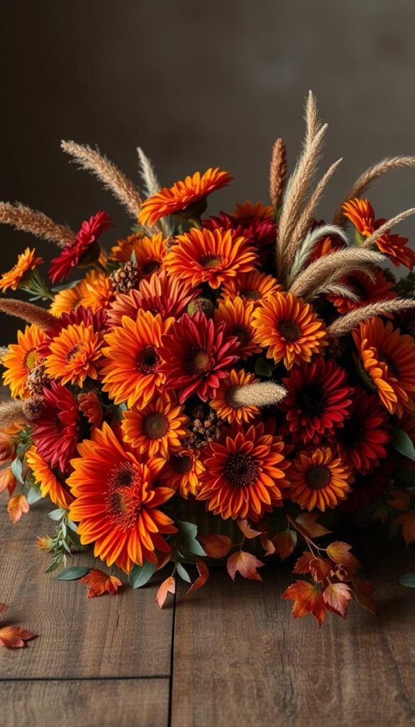 A lavish autumn floral centerpiece blooms with vibrant hues of burnt orange, deep crimson, and golden ochre. Lush dahlias, chrysanthemums, and zinnias spill over the edges of a rustic wooden table, their petals gently illuminated by soft, warm lighting. Clusters of vibrant fall foliage, including maple leaves and tufts of wispy grasses, create a rich, textural backdrop. The arrangement is framed by a subtle vignette, with the table positioned against a muted, atmospheric backdrop that enhances the cozy, harvest-time mood. The overall composition conveys a sense of rustic elegance, perfect for transforming any table into an autumnal sanctuary.
