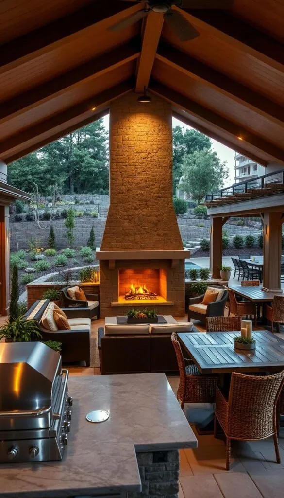 A lavish outdoor entertaining kitchen, bathed in warm golden light from above. A large stone fireplace is the centerpiece, flanked by plush, weather-resistant sofas and armchairs arranged in a cozy seating area. A sleek, stainless steel grill and prep station occupy the foreground, surrounded by lush greenery and potted plants. In the background, a covered dining area with a rustic wood table and rattan chairs overlooks a manicured, landscaped yard. Subtle, ambient lighting casts a soft glow, creating an inviting and sophisticated atmosphere for alfresco gatherings.