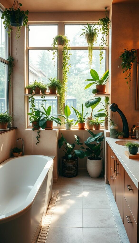 A lush, inviting bathroom interior with a variety of thriving potted plants artfully arranged on shelves, window sills, and vanity surfaces. Warm, diffused natural lighting filters through large windows, casting a soft, cozy glow on the scene. The plants, ranging from trailing vines to leafy, sculptural varieties, add pops of verdant color and a sense of tranquility. Smooth stone tiles line the floor, complementing the organic textures of the plants. The overall atmosphere is one of serenity and harmony, evoking a spa-like experience.