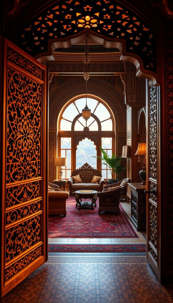 A lush, ornate Moroccan interior with intricate geometric patterns adorning the walls, floors, and furnishings. Warm, golden lighting casts a soft, inviting glow, creating an atmosphere of opulence and elegance. In the foreground, a carved wooden door frame with ornate latticework, leading into a spacious room filled with plush, jewel-toned textiles and hand-woven rugs. The middle ground features intricately carved wooden furniture, inlaid with mother-of-pearl and brass accents. In the background, a large, arched window floods the space with natural light, revealing the distant, snow-capped Atlas Mountains. The overall scene evokes a sense of timeless, Middle Eastern grandeur and craftsmanship.