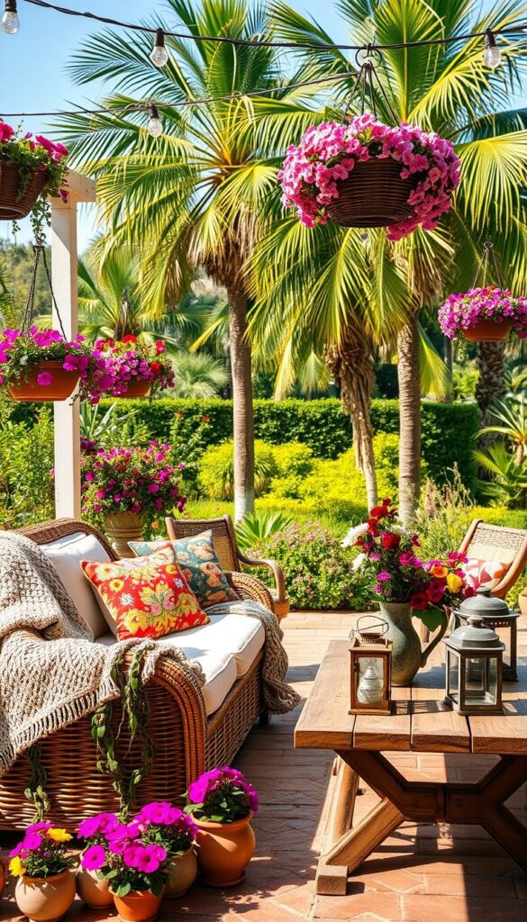 A lush, sun-dappled patio adorned with vibrant floral arrangements, hanging baskets, and whimsical string lights. In the foreground, a wicker loveseat is draped with plush cushions and a cozy knit throw. Scattered about are ceramic pots brimming with cascading vines and blooming petunias. In the middle ground, a rustic wooden table is set with colorful outdoor tableware, a vase of wildflowers, and weathered lanterns casting a warm, ambient glow. The background features a verdant garden with towering palm trees swaying gently in a soft summer breeze. The overall atmosphere is one of relaxation, comfort, and effortless outdoor elegance. A lush, sun-dappled patio adorned with vibrant floral arrangements, hanging baskets, and whimsical string lights. In the foreground, a wicker loveseat is draped with plush cushions and a cozy knit throw. Scattered about are ceramic pots brimming with cascading vines and blooming petunias. In the middle ground, a rustic wooden table is set with colorful outdoor tableware, a vase of wildflowers, and weathered lanterns casting a warm, ambient glow. The background features a verdant garden with towering palm trees swaying gently in a soft summer breeze. The overall atmosphere is one of relaxation, comfort, and effortless outdoor elegance.