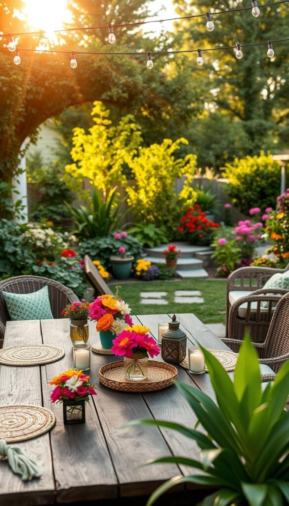 A lush, verdant backyard with a cozy outdoor seating area, adorned with handcrafted decorative items. In the foreground, a rustic wooden table holds an array of vibrant, homemade summer crafts - woven placemats, vibrant floral arrangements, and whimsical candle holders. Surrounding the table, comfortable wicker chairs and benches invite family and friends to gather and enjoy the warm summer evening. In the middle ground, a well-maintained garden with abundant foliage and blooming flowers creates a serene, nature-inspired ambiance. Overhead, a string of twinkling lights casts a soft, magical glow, setting the perfect mood for a relaxed, outdoor game night. Bathed in golden hour sunlight, the scene exudes a cozy, inviting atmosphere that captures the essence of summer home decor and family-friendly activities. A lush, verdant backyard with a cozy outdoor seating area, adorned with handcrafted decorative items. In the foreground, a rustic wooden table holds an array of vibrant, homemade summer crafts - woven placemats, vibrant floral arrangements, and whimsical candle holders. Surrounding the table, comfortable wicker chairs and benches invite family and friends to gather and enjoy the warm summer evening. In the middle ground, a well-maintained garden with abundant foliage and blooming flowers creates a serene, nature-inspired ambiance. Overhead, a string of twinkling lights casts a soft, magical glow, setting the perfect mood for a relaxed, outdoor game night. Bathed in golden hour sunlight, the scene exudes a cozy, inviting atmosphere that captures the essence of summer home decor and family-friendly activities.