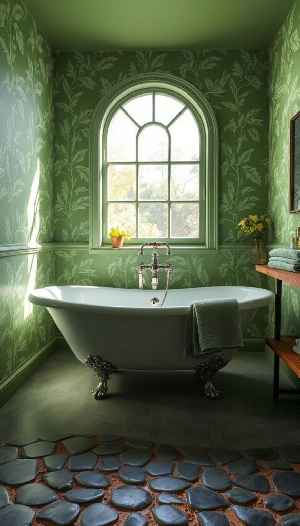 A lush, verdant bathroom with vibrant green walls that evoke the tranquility of a secluded garden oasis. The walls are adorned with a delicate botanical wallpaper, featuring intricate leaf patterns and soft pastel hues that dance in the natural light filtering through the large, arched window. The floor is covered in smooth, grey river stones, creating a soothing, earthy texture underfoot. A freestanding, claw-foot bathtub takes center stage, its gleaming porcelain surface reflecting the greenery that surrounds it. Towels in shades of sage and mint are neatly folded on a rustic wooden shelf, completing the serene, spa-like ambiance.