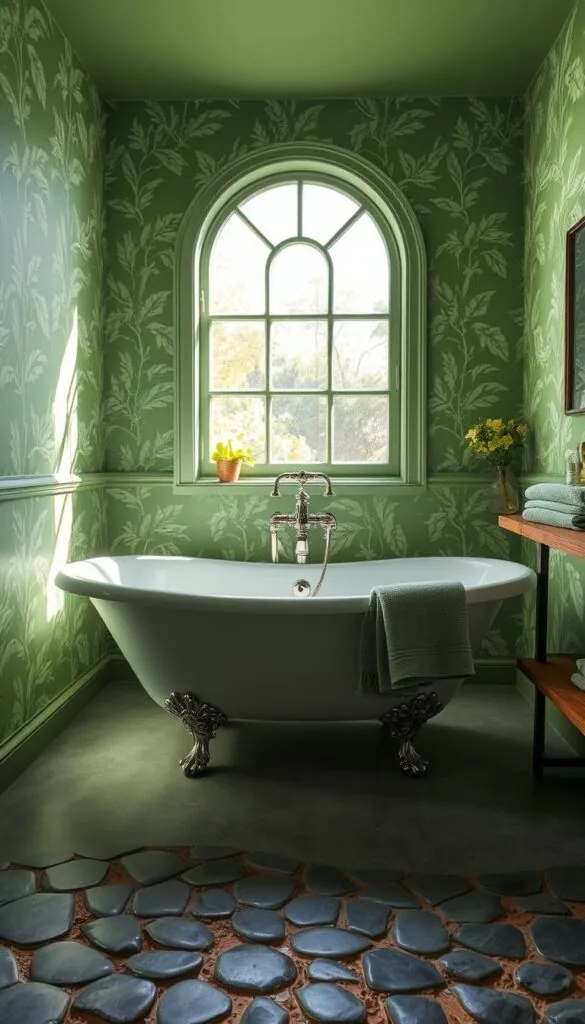 A lush, verdant bathroom with vibrant green walls that evoke the tranquility of a secluded garden oasis. The walls are adorned with a delicate botanical wallpaper, featuring intricate leaf patterns and soft pastel hues that dance in the natural light filtering through the large, arched window. The floor is covered in smooth, grey river stones, creating a soothing, earthy texture underfoot. A freestanding, claw-foot bathtub takes center stage, its gleaming porcelain surface reflecting the greenery that surrounds it. Towels in shades of sage and mint are neatly folded on a rustic wooden shelf, completing the serene, spa-like ambiance.