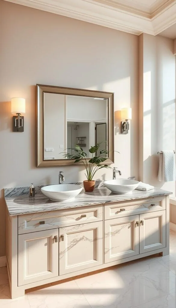 A luxurious bathroom vanity set against a backdrop of warm, natural lighting. The vanity features a sleek, granite countertop with twin vessel sinks, complemented by polished chrome fixtures. Elegant sconce lighting casts a soft glow, illuminating the intricate veining in the stone. The vanity's spacious drawers and cabinets provide ample storage, while a large, framed mirror above reflects the room's refined elegance. Plush, textured towels and a potted plant add finishing touches to this serene, high-end bathroom space.