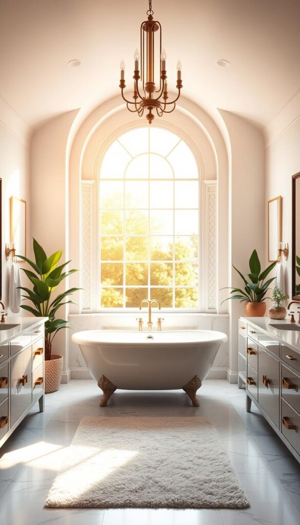 A luxurious bathroom with a sleek, modern design. The focal point is a freestanding clawfoot bathtub positioned beneath a large, arched window that floods the space with warm, natural light. Surrounding the tub are elegant marble vanities with brass fixtures, complemented by a plush area rug and lush potted plants. The walls are adorned with minimalist wall art, casting a serene and sophisticated ambiance. Overhead, a brass chandelier casts a soft, ambient glow, creating a spa-like atmosphere. The room is filled with a sense of understated elegance and attention to detail, showcasing the beauty of high-end bathroom decor.