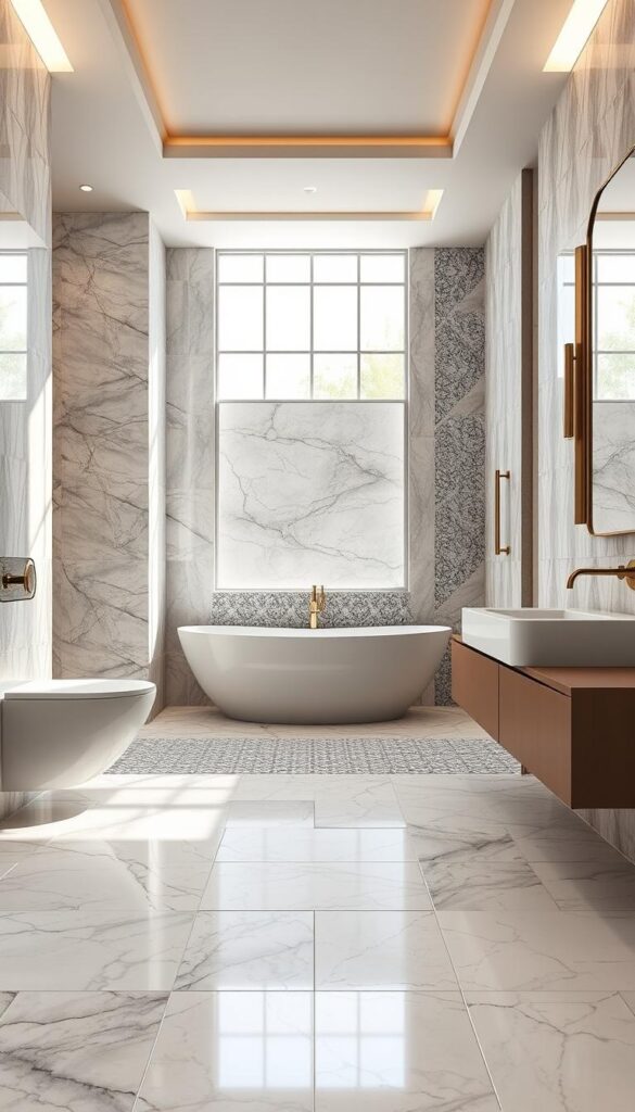 A luxurious bathroom with an elegant selection of high-end tile options. The foreground features a range of premium tiles in various textures and patterns, such as sleek marble, intricate mosaics, and polished porcelain. The middle ground showcases the tiles installed on the walls and floor, creating a cohesive and visually striking design. In the background, soft lighting from recessed fixtures and natural sunlight through large windows illuminate the space, evoking a sense of tranquility and sophistication. The overall composition highlights the beauty and versatility of the tile choices, inspiring a stunning bathroom renovation.