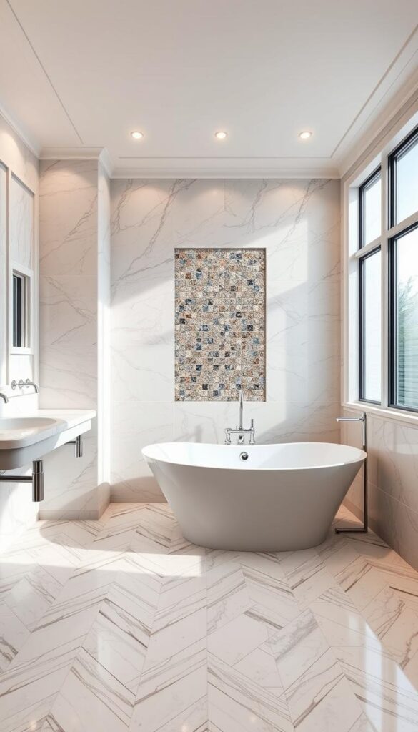 A luxurious bathroom with exquisitely crafted tile patterns covering the walls and floors. Gleaming marble tiles in a soothing neutral palette, arranged in a sophisticated herringbone design, catching the warm glow of recessed lighting. Polished chrome fixtures and fittings complement the elegant aesthetic. Intricate mosaic tiles in shimmering metallic accents create a focal point, drawing the eye to the spacious, freestanding bathtub. Large windows allow natural light to flood the room, creating a sense of brightness and tranquility. This serene, high-end bathroom exudes a timeless sophistication, epitomizing the pinnacle of luxury living. A luxurious bathroom with exquisitely crafted tile patterns covering the walls and floors. Gleaming marble tiles in a soothing neutral palette, arranged in a sophisticated herringbone design, catching the warm glow of recessed lighting. Polished chrome fixtures and fittings complement the elegant aesthetic. Intricate mosaic tiles in shimmering metallic accents create a focal point, drawing the eye to the spacious, freestanding bathtub. Large windows allow natural light to flood the room, creating a sense of brightness and tranquility. This serene, high-end bathroom exudes a timeless sophistication, epitomizing the pinnacle of luxury living.