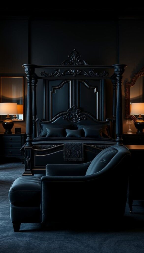 A luxurious black bedroom suite, showcasing an elegant four-poster bed with intricate carved details, flanked by matching nightstands with minimalist lamps casting a warm glow. In the foreground, a plush velvet armchair and a sleek, low-profile dresser with clean lines. The background features a tall, antique-inspired wardrobe and a large, ornate mirror reflecting the soft, moody lighting. The overall atmosphere is one of sophisticated, modern elegance, inviting the viewer to imagine themselves in this chic, black-themed sanctuary. A luxurious black bedroom suite, showcasing an elegant four-poster bed with intricate carved details, flanked by matching nightstands with minimalist lamps casting a warm glow. In the foreground, a plush velvet armchair and a sleek, low-profile dresser with clean lines. The background features a tall, antique-inspired wardrobe and a large, ornate mirror reflecting the soft, moody lighting. The overall atmosphere is one of sophisticated, modern elegance, inviting the viewer to imagine themselves in this chic, black-themed sanctuary.