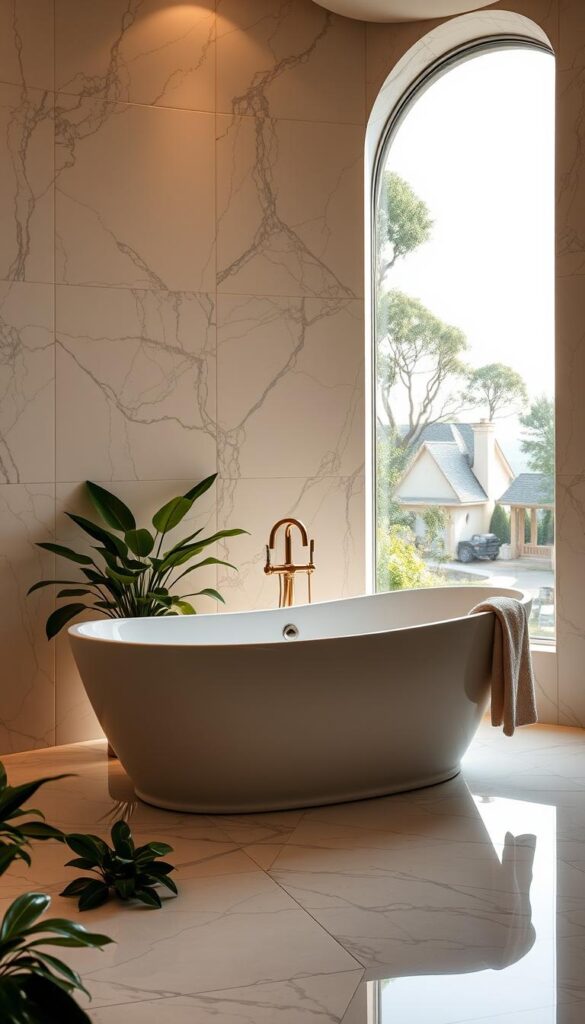 A luxurious freestanding bathtub set against a backdrop of exquisite marble tiles, illuminated by warm, soft lighting that casts a serene and inviting glow. The tub's elegant curves and gleaming finish reflect the image of the viewer, inviting them to sink into a relaxing, spa-like experience. Lush greenery and plush towels add to the sense of tranquility, while a large window frames a picturesque outdoor scene, blending the indoors and outdoors seamlessly. The scene exudes an atmosphere of opulence, comfort, and ultimate relaxation, perfectly capturing the essence of a luxurious, spa-inspired bathroom remodel.