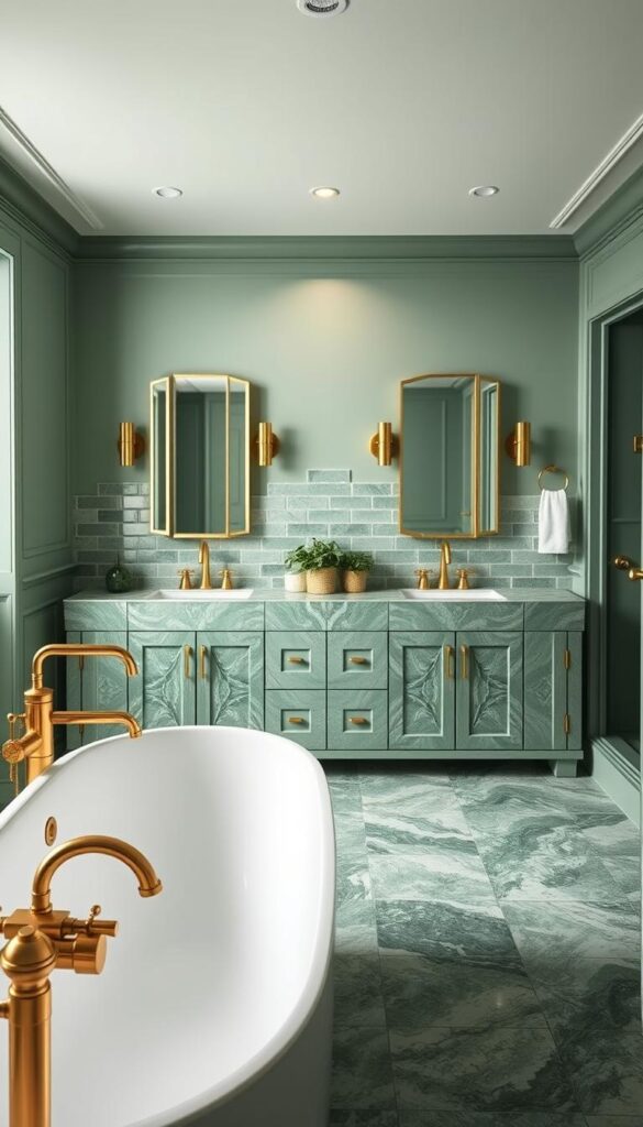 A luxurious green bathroom filled with shimmering brass fixtures. The foreground features a modern freestanding bathtub, its sleek curves complemented by a chic brass faucet and matching shower head. In the middle ground, a double vanity with green marble countertops and brass hardware stands tall, flanked by minimalist wall-mounted sinks. The background showcases an elegant subway tile backsplash in a soothing shade of green, creating a serene and cohesive atmosphere. Soft, diffused lighting casts a warm glow throughout the space, highlighting the rich textures and premium finishes. The overall scene exudes a sense of tranquility and sophistication, perfectly capturing the essence of a high-end green bathroom.