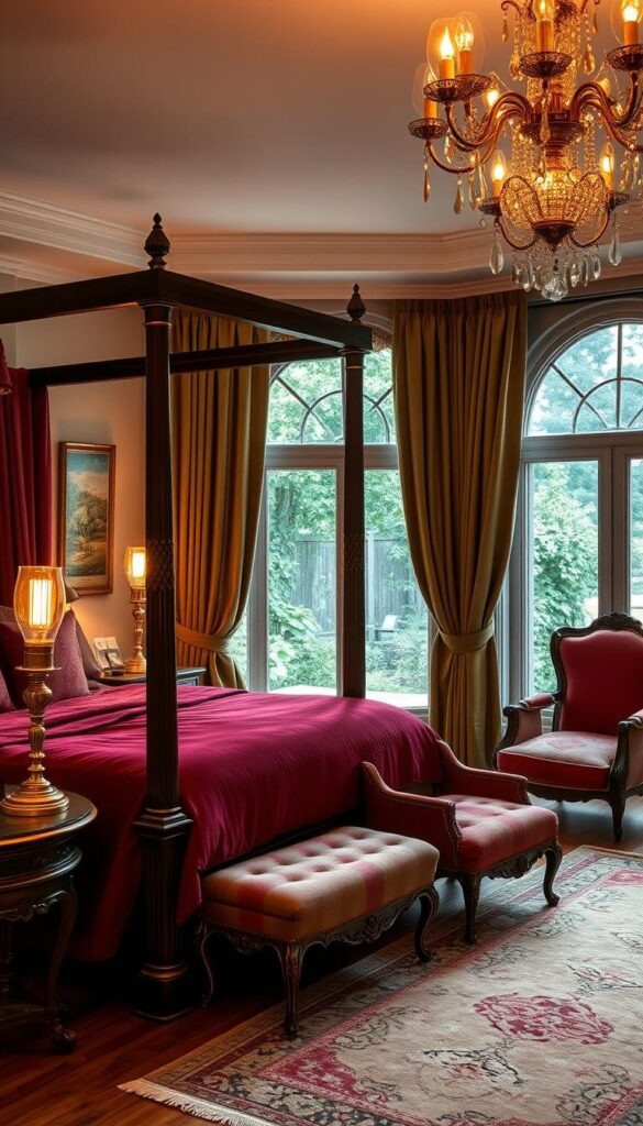 A luxurious, inviting bedroom with a warm, moody ambiance. The focal point is a grand, four-poster bed dressed in rich, velvet bedding in a deep burgundy hue. Antique brass lamps with dimmed Edison bulbs cast a soft, golden glow, illuminating ornate, wooden side tables. In the background, a large window with satin curtains in a complementary olive tone overlooks a lush, private garden. Plush, Oriental-inspired rugs in earthy tones soften the hardwood floors, while a vintage armchair and matching ottoman create a cozy reading nook. Refined, personalized decor elements like a crystal-encrusted chandelier, ornate wall sconces, and a curated art collection emanate an air of refined elegance. A luxurious, inviting bedroom with a warm, moody ambiance. The focal point is a grand, four-poster bed dressed in rich, velvet bedding in a deep burgundy hue. Antique brass lamps with dimmed Edison bulbs cast a soft, golden glow, illuminating ornate, wooden side tables. In the background, a large window with satin curtains in a complementary olive tone overlooks a lush, private garden. Plush, Oriental-inspired rugs in earthy tones soften the hardwood floors, while a vintage armchair and matching ottoman create a cozy reading nook. Refined, personalized decor elements like a crystal-encrusted chandelier, ornate wall sconces, and a curated art collection emanate an air of refined elegance.
