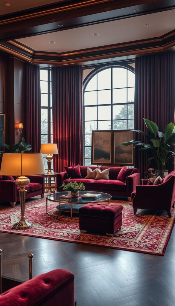 A luxurious living room bathed in warm, diffused lighting. The focal point is a sumptuous velvet sofa in a rich burgundy hue, complemented by plush, jewel-toned armchairs. Elegant floor lamps with shimmering metallic bases cast a soft glow, while a large, ornate area rug grounds the space in opulent textures. Tasteful art pieces and lush potted plants add depth and sophistication. The windows are adorned with heavy, velvet drapes that frame the view, creating a cozy, intimate atmosphere. Polished wood accents and metallic finishes elevate the overall aesthetic to one of refined, modern luxury.