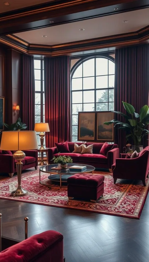 A luxurious living room bathed in warm, diffused lighting. The focal point is a sumptuous velvet sofa in a rich burgundy hue, complemented by plush, jewel-toned armchairs. Elegant floor lamps with shimmering metallic bases cast a soft glow, while a large, ornate area rug grounds the space in opulent textures. Tasteful art pieces and lush potted plants add depth and sophistication. The windows are adorned with heavy, velvet drapes that frame the view, creating a cozy, intimate atmosphere. Polished wood accents and metallic finishes elevate the overall aesthetic to one of refined, modern luxury.