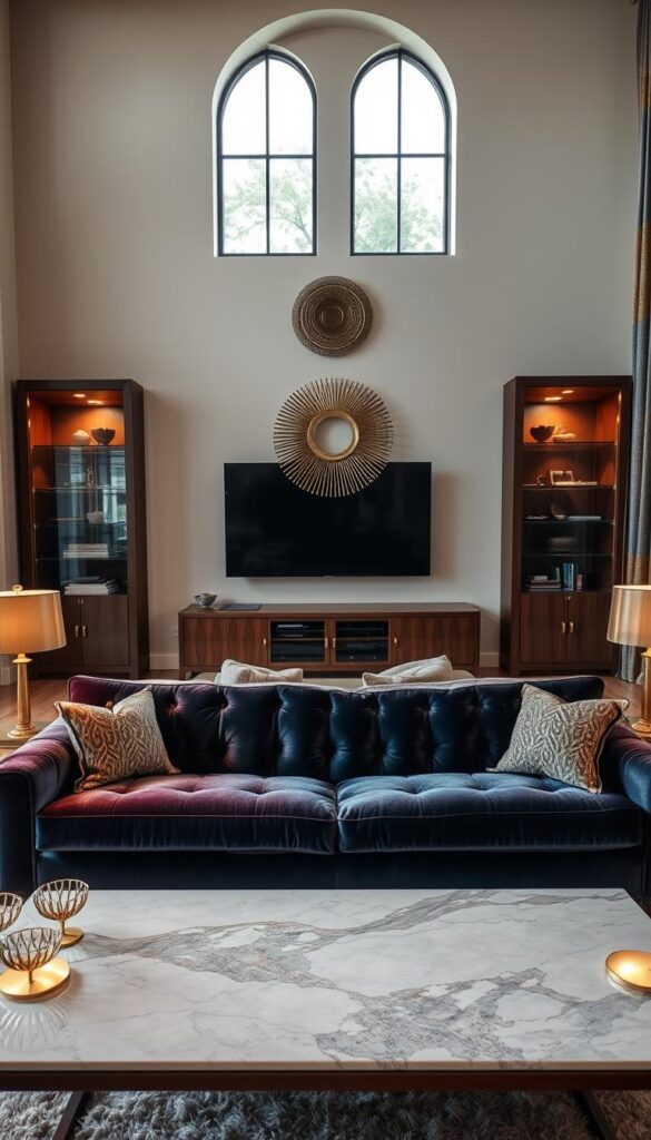 A luxurious living room filled with high-end, premium home decor materials and textures. In the foreground, a plush, velvety sofa in a rich, jewel-toned hue sits atop a soft, shaggy rug. On the coffee table, a marble surface reflects the warm, ambient lighting from a pair of brass lamps. In the middle ground, a sleek, wooden entertainment unit displays elegant, glass-fronted cabinets and shelves, complemented by a statement, metallic wall hanging. The background features tall, arched windows that let in natural light, illuminating the room's sophisticated palette of luxurious materials like brushed copper, polished stone, and hand-woven textiles. A luxurious living room filled with high-end, premium home decor materials and textures. In the foreground, a plush, velvety sofa in a rich, jewel-toned hue sits atop a soft, shaggy rug. On the coffee table, a marble surface reflects the warm, ambient lighting from a pair of brass lamps. In the middle ground, a sleek, wooden entertainment unit displays elegant, glass-fronted cabinets and shelves, complemented by a statement, metallic wall hanging. The background features tall, arched windows that let in natural light, illuminating the room's sophisticated palette of luxurious materials like brushed copper, polished stone, and hand-woven textiles.