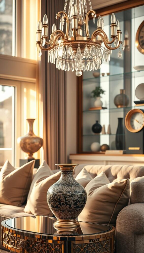 A luxurious living room scene, bathed in warm, golden light filtering through large windows. In the foreground, an exquisite decorative vase sits atop an elegant side table, adorned with intricate patterns and a shimmering metallic finish. Surrounding it, an artful arrangement of plush, textured throw pillows in muted tones creates a cozy, inviting atmosphere. In the middle ground, a stunning crystal chandelier casts a soft, ambient glow, its facets reflecting the light and adding a touch of glamour. In the background, high-end accessories such as a sleek, modern sculpture, a delicate porcelain figurine, and a meticulously crafted clock adorn the shelves, creating a harmonious blend of luxury and sophistication. A luxurious living room scene, bathed in warm, golden light filtering through large windows. In the foreground, an exquisite decorative vase sits atop an elegant side table, adorned with intricate patterns and a shimmering metallic finish. Surrounding it, an artful arrangement of plush, textured throw pillows in muted tones creates a cozy, inviting atmosphere. In the middle ground, a stunning crystal chandelier casts a soft, ambient glow, its facets reflecting the light and adding a touch of glamour. In the background, high-end accessories such as a sleek, modern sculpture, a delicate porcelain figurine, and a meticulously crafted clock adorn the shelves, creating a harmonious blend of luxury and sophistication.
