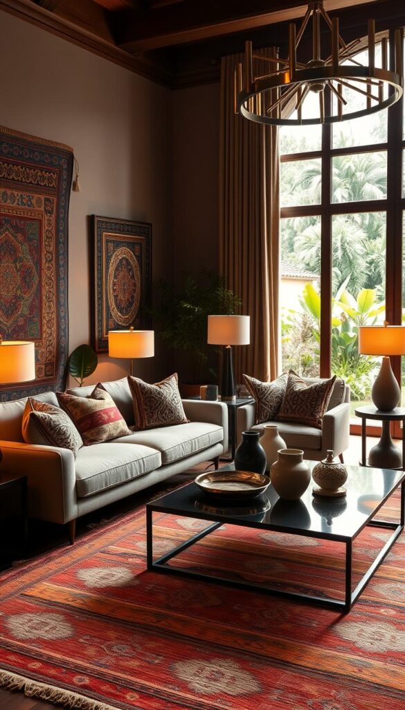 A luxurious living room with a warm, earthy palette. In the foreground, a hand-woven rug in vibrant hues anchors the space. On the walls, intricate tapestries and framed ethnic artwork add depth and cultural flair. Plush, textured pillows in bohemian patterns adorn a mid-century modern sofa. A sleek, contemporary coffee table is adorned with ornate metal trays and handcrafted ceramic vases. The lighting is a mix of soft, ambient floor lamps and a modern brass chandelier, creating a cozy, inviting atmosphere. The large windows in the background offer a glimpse of a lush, verdant garden, blending the indoor and outdoor spaces seamlessly.