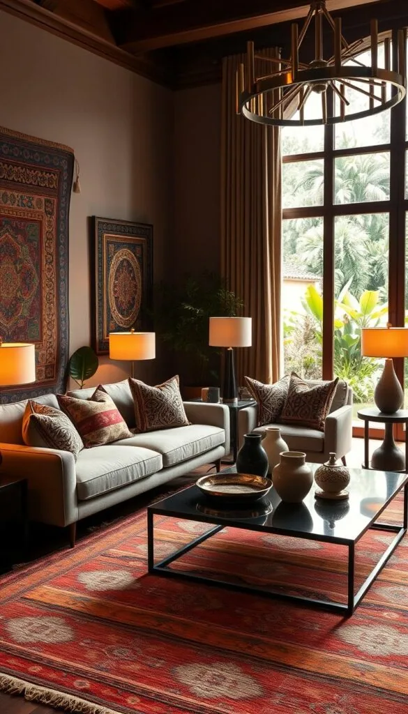 A luxurious living room with a warm, earthy palette. In the foreground, a hand-woven rug in vibrant hues anchors the space. On the walls, intricate tapestries and framed ethnic artwork add depth and cultural flair. Plush, textured pillows in bohemian patterns adorn a mid-century modern sofa. A sleek, contemporary coffee table is adorned with ornate metal trays and handcrafted ceramic vases. The lighting is a mix of soft, ambient floor lamps and a modern brass chandelier, creating a cozy, inviting atmosphere. The large windows in the background offer a glimpse of a lush, verdant garden, blending the indoor and outdoor spaces seamlessly.
