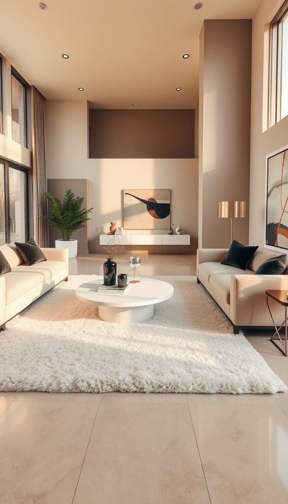 A luxurious, minimalist living room bathed in warm, natural light from large windows. Sleek, premium furnishings in muted tones of beige, gray, and black create a serene, elegant ambiance. A plush, off-white rug anchors the space, complemented by a low-profile, sculptural coffee table and minimalist, high-backed sofas. Decorative accents, such as a modern, metallic floor lamp and abstract wall art, add subtle touches of sophistication. The room exudes a sense of refined simplicity, with every element carefully curated to achieve a harmonious, high-end aesthetic.