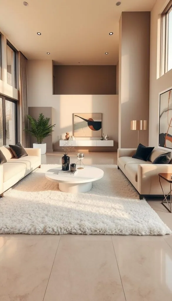 A luxurious, minimalist living room bathed in warm, natural light from large windows. Sleek, premium furnishings in muted tones of beige, gray, and black create a serene, elegant ambiance. A plush, off-white rug anchors the space, complemented by a low-profile, sculptural coffee table and minimalist, high-backed sofas. Decorative accents, such as a modern, metallic floor lamp and abstract wall art, add subtle touches of sophistication. The room exudes a sense of refined simplicity, with every element carefully curated to achieve a harmonious, high-end aesthetic.