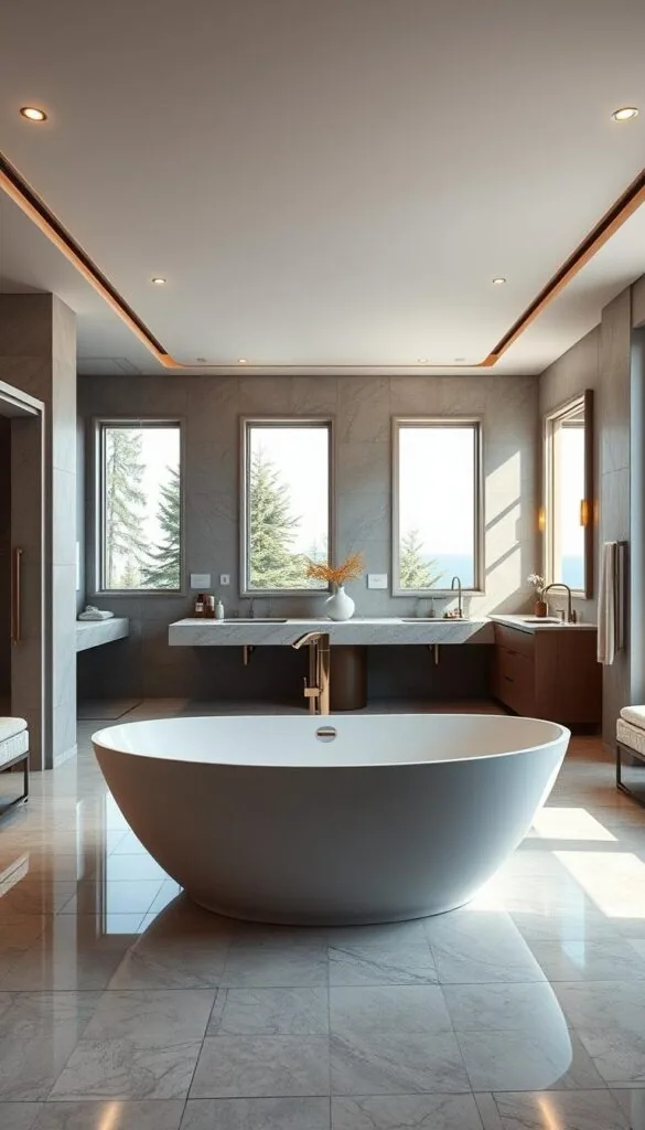 A luxurious, modern bathroom design with an elegant, spacious layout. The foreground features a large, freestanding bathtub with sleek, curved lines, positioned prominently in the center of the room. The middle ground showcases a double vanity with a marble countertop and minimalist, brushed metal fixtures. The background displays floor-to-ceiling windows, allowing natural light to flood the space and create a warm, inviting atmosphere. The room is accented with high-end finishes, such as polished tiles, plush textiles, and subtle, recessed lighting that casts a soft, ambient glow. The overall impression is one of refined sophistication and a spa-like ambiance.