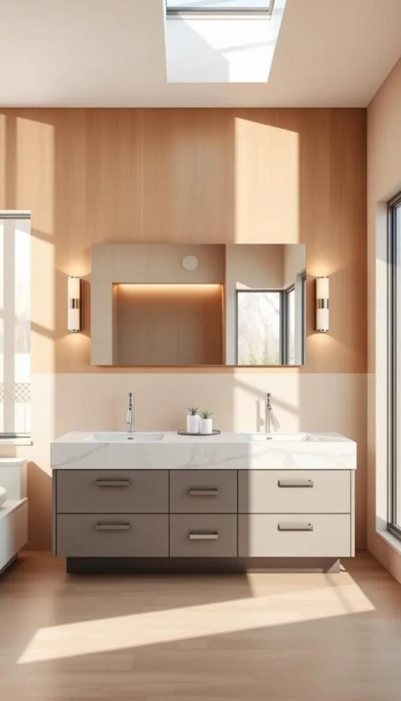 A luxurious modern bathroom vanity set against a warm, inviting backdrop. The vanity features a sleek, minimalist design with a large rectangular mirror, flanked by stylish wall sconces that cast a soft, ambient glow. The vanity top is made of a high-quality, natural stone material, such as marble or quartz, with a smooth, polished finish. The drawers and cabinets below have a muted, neutral color palette, complementing the overall modern aesthetic. The room is flooded with natural light, streaming in through large windows or a skylight, creating a bright and airy atmosphere. The floors are covered in a neutral-toned, high-quality tile or hardwood, adding to the sophisticated and cohesive look. The overall scene exudes a sense of tranquility, relaxation, and contemporary style.
