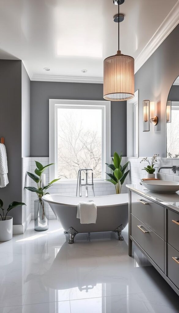 A luxurious, modern bathroom with clean lines and a spa-like ambiance. The centerpiece is a deep, clawfoot bathtub positioned near a large window, allowing natural light to flood the space. The walls are a soothing shade of gray, complemented by gleaming white subway tiles. Sleek, chrome fixtures and a minimalist vanity with a vessel sink create a cohesive, high-end aesthetic. Lush, green plants and plush, textured towels add warmth and a touch of nature. Soft, indirect lighting from recessed ceiling fixtures and a statement pendant lamp sets a relaxing, rejuvenating mood.