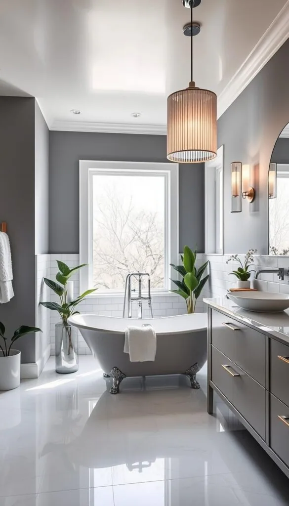 A luxurious, modern bathroom with clean lines and a spa-like ambiance. The centerpiece is a deep, clawfoot bathtub positioned near a large window, allowing natural light to flood the space. The walls are a soothing shade of gray, complemented by gleaming white subway tiles. Sleek, chrome fixtures and a minimalist vanity with a vessel sink create a cohesive, high-end aesthetic. Lush, green plants and plush, textured towels add warmth and a touch of nature. Soft, indirect lighting from recessed ceiling fixtures and a statement pendant lamp sets a relaxing, rejuvenating mood.